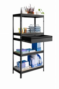 Regał Metalowy z 4 Półkami i SZUFLADĄ 180x90x45cm - Czarny, NOWOŚĆ NA RYNKU
